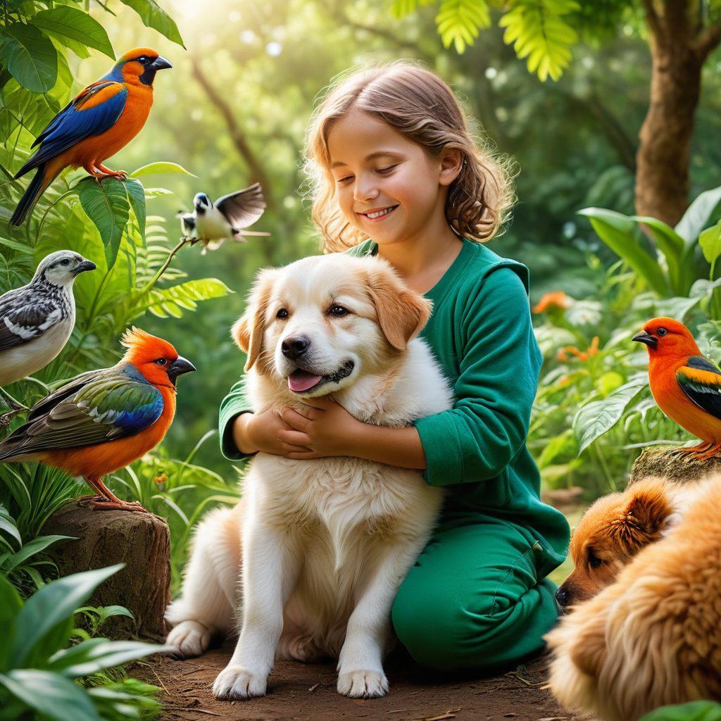 A heartwarming scene depicting a diverse group of people caring for various pets and wildlife, showcasing compassion and empathy. In the foreground, a child gently hugs a dog while a wildlife caretaker tends to a rescued bird. Bright, lively colors radiate positivity and connection between humans and animals. The background features a lush green environment symbolizing nature and conservation efforts. super-realistic. vibrant colors. nature-inspired.