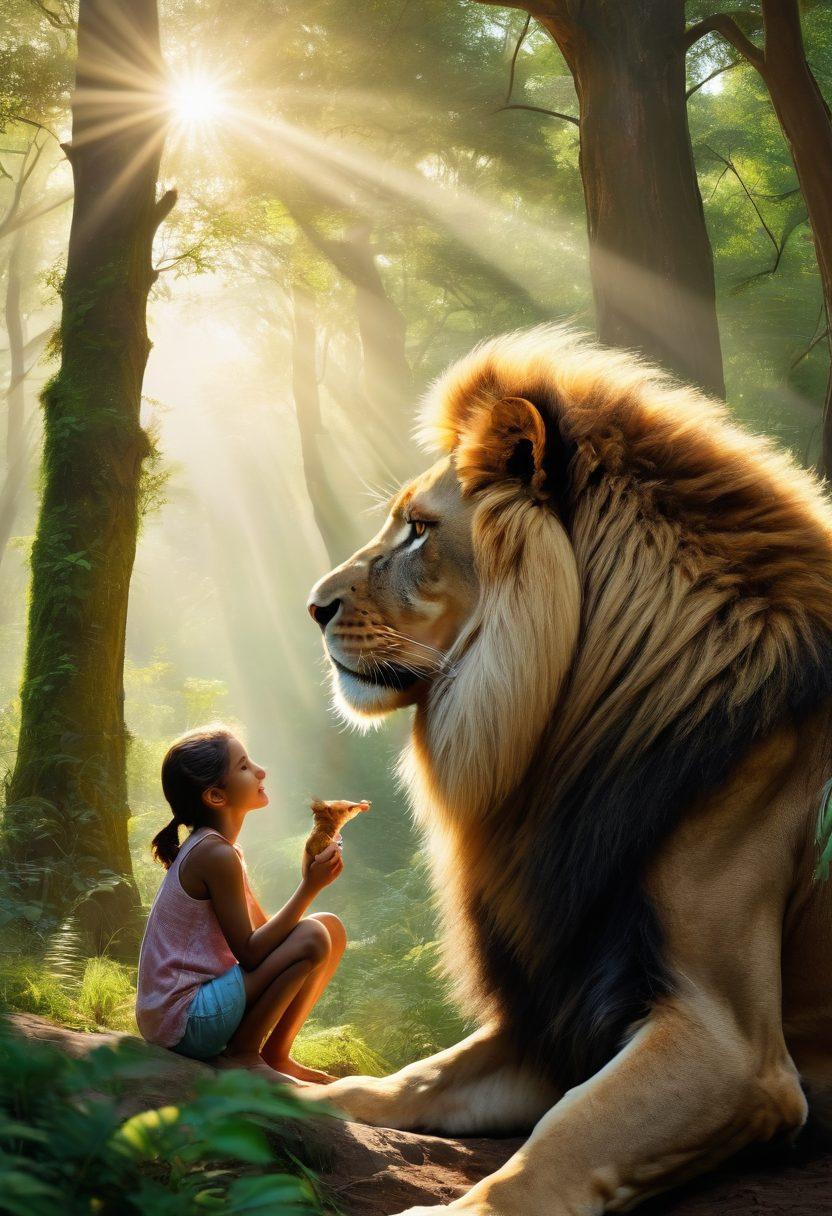 A serene scene depicting a loving pet dog intertwined with a majestic wild animal like a lion, set against a lush green forest backdrop. Both animals share a moment of connection, symbolizing harmony between domestic and wild life. In the foreground, a diverse group of people of different ages, passionately caring for both pets and wildlife, embodying the spirit of conservation. Bright sunlight filters through the trees, highlighting the beauty of nature and the bond between humans and animals. vibrant colors. super-realistic.