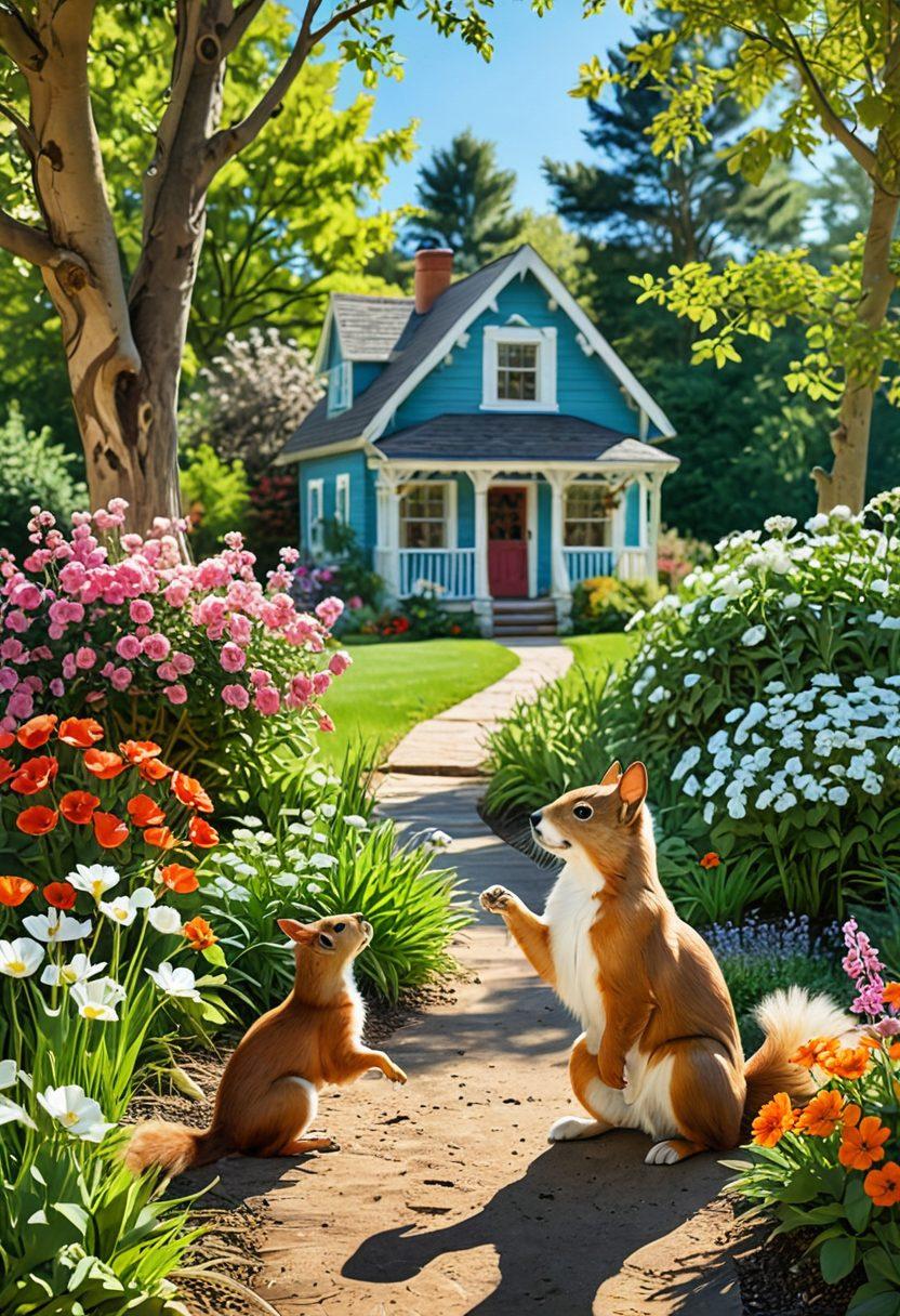 A warm, inviting scene showcasing a caring person interacting with a gentle dog and a playful squirrel, surrounded by lush greenery and vibrant flowers, symbolizing the bond between pets and wildlife. Incorporate tools for pet care, like brushes and food bowls, alongside elements of conservation like birdhouses and a small pond to signify habitat. The atmosphere should exude kindness and tranquility. super-realistic. vibrant colors. natural setting.